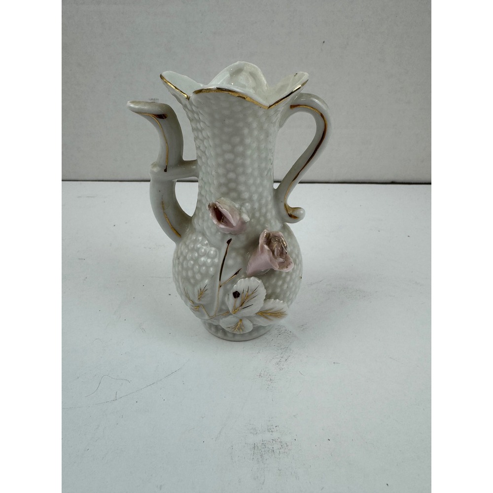 Vintage Richard Japan Miniature Ewer Bud Vase Hobnail Porcelain 3D Applied Roses